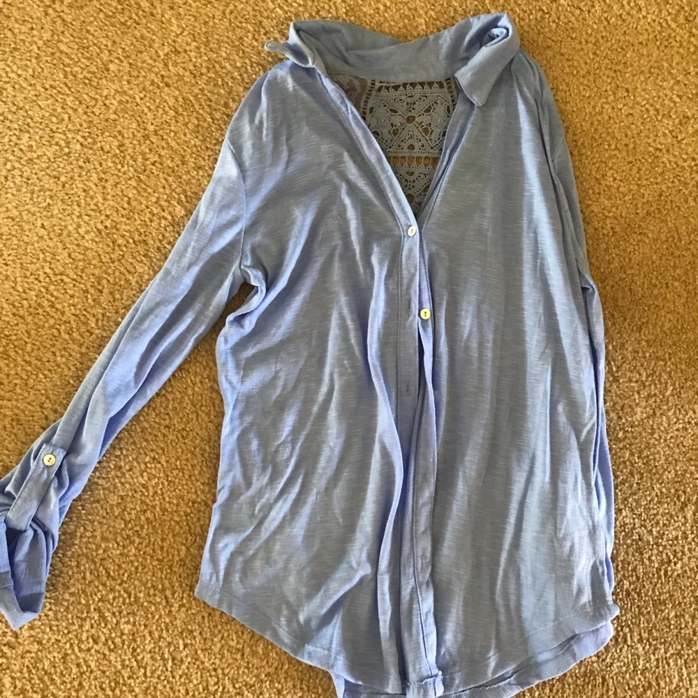 periwinkle button up shirt w/ lace detailing